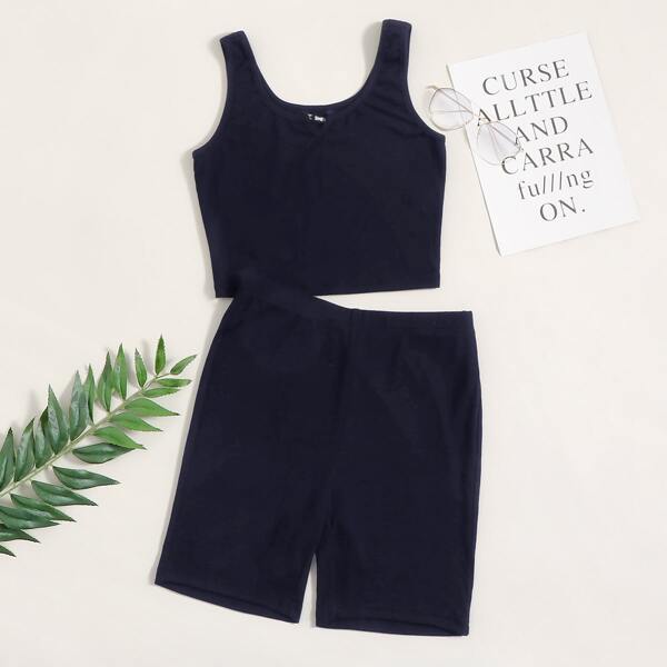 

Notch Neck Solid Tank Top & Biker Shorts Set, Navy blue