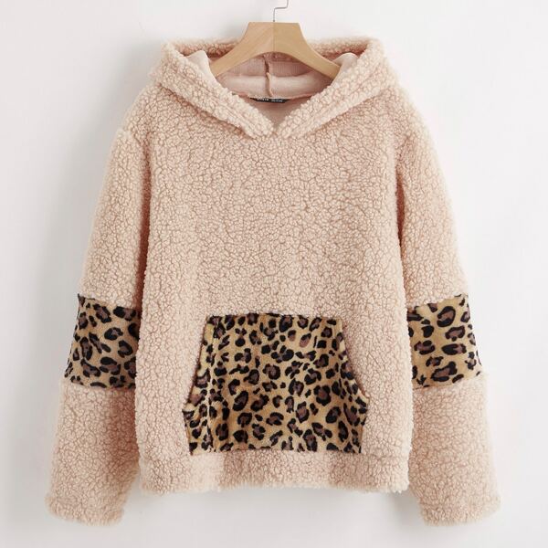

Contrast Leopard Panel Patch Pocket Teddy Hoodie, Apricot