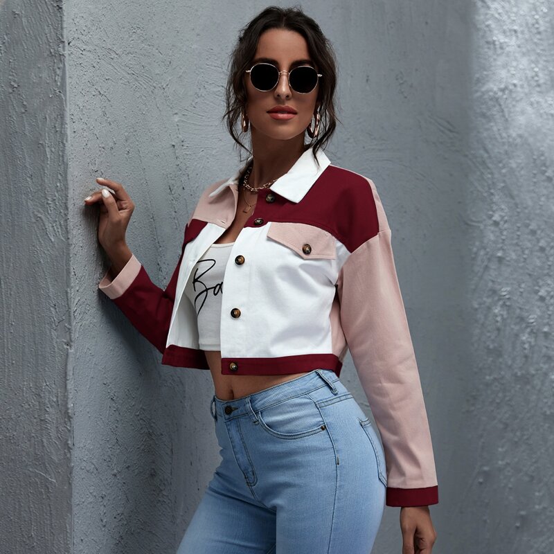 

Single Breasted Colorblock Crop Jacket, Multicolor
