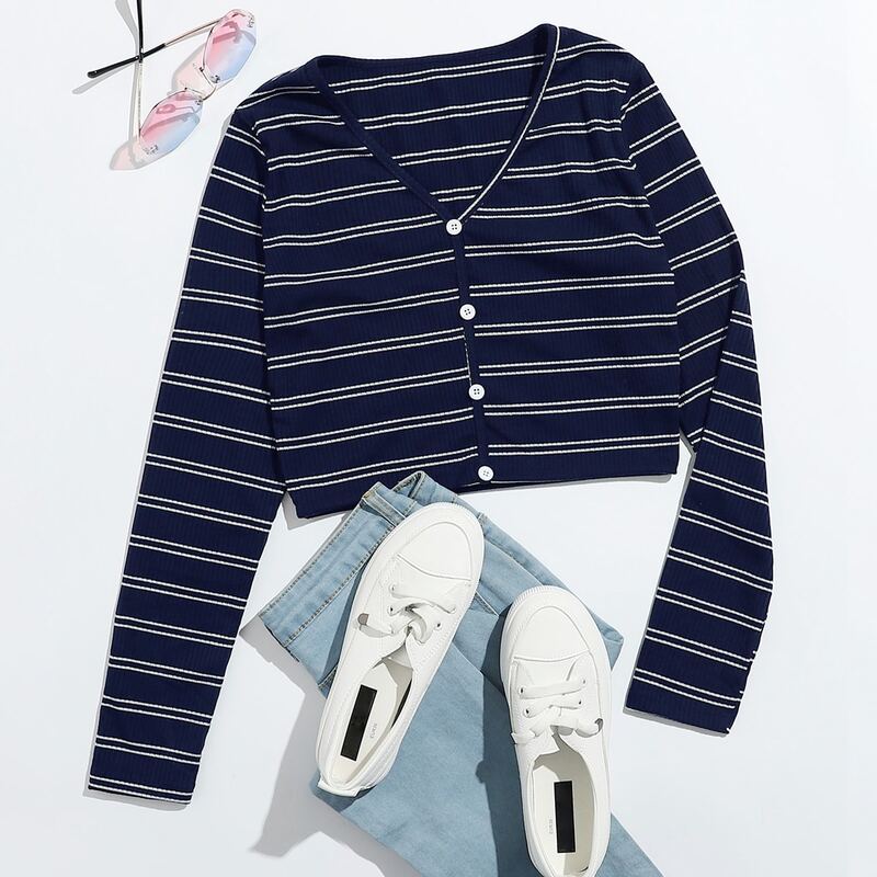 

Striped Button Front Tee, Navy blue