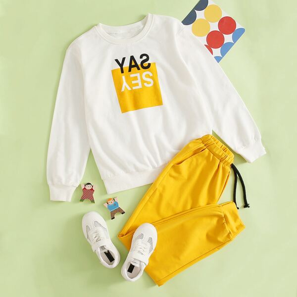 

Boys Letter Graphic Pullover & Slant Pocket Sweatpants Set, Multicolor