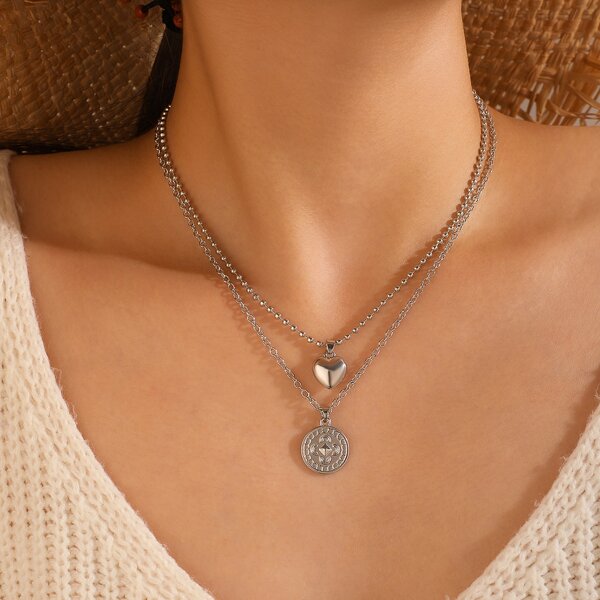 

Heart Pendant Layered Necklace, Silver