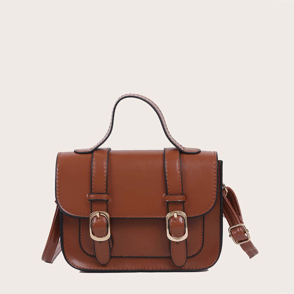 

Solid Buckle Satchel Bag, Brown