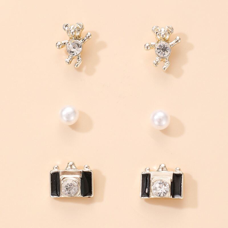 

3pairs Rhinestone Bear Stud Earrings, Multicolor