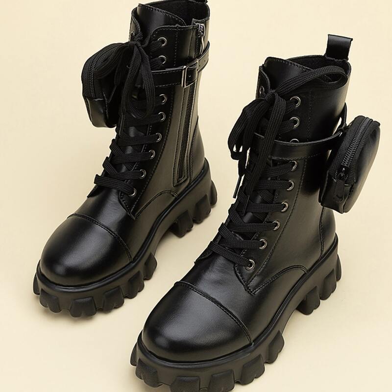 

Bag Decor Lace-up Combat Boots, Black