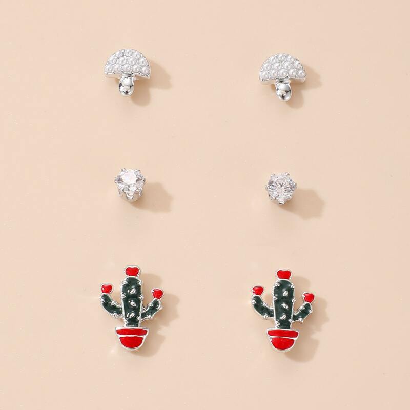 

3pairs Cactus & Mushroom Stud Earrings, Multicolor