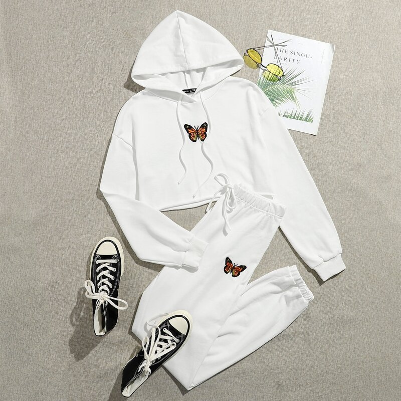 

Butterfly Embroidery Drawstring Hoodie & Sweatpants Set, White