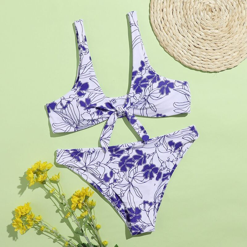

Floral Knot Front Bikini Swimsuit, Blue and white