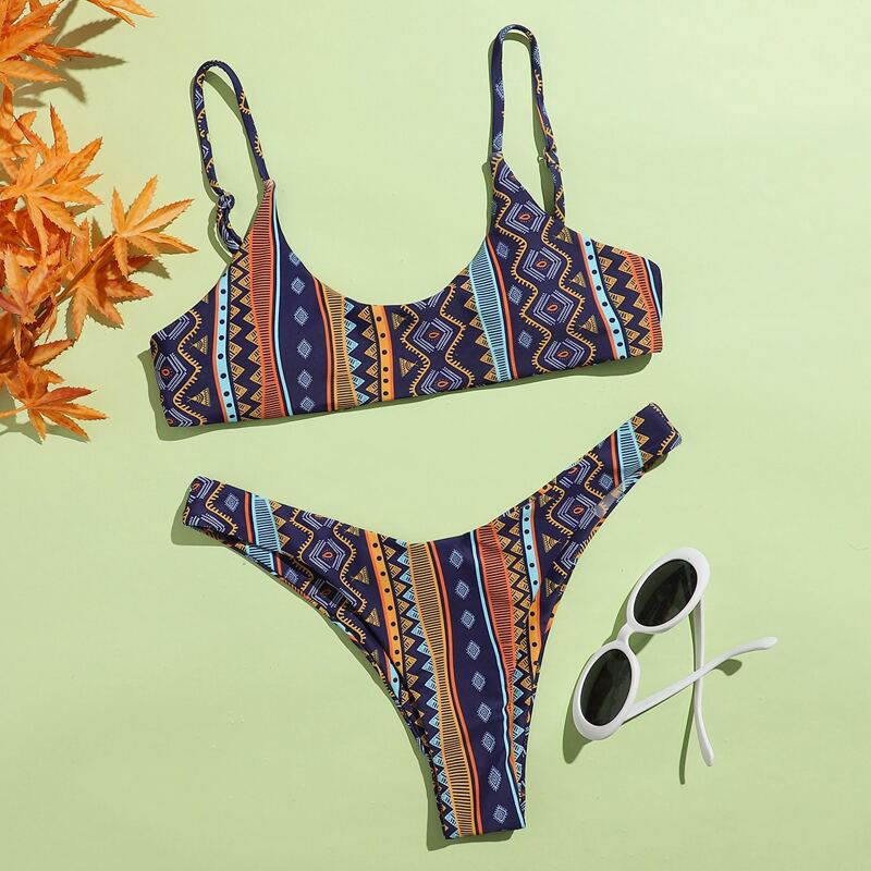 

Geo & Tribal Print High Leg Bikini Swimsuit, Multicolor