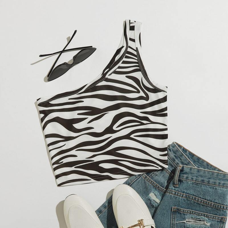 

One Shoulder Zebra Striped Crop Top, Black and white