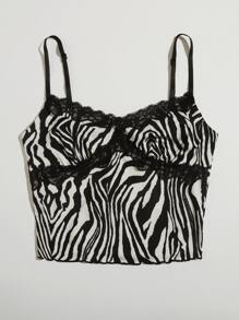 SHEIN Top de tirantes de rayas ribete con encaje - Blanco y Negro - Ver 3