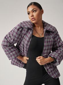 SHEIN 泡泡袖翻蓋口袋拉鏈門襟格紋外套