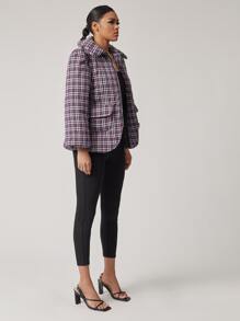 SHEIN 泡泡袖翻蓋口袋拉鏈門襟格紋外套