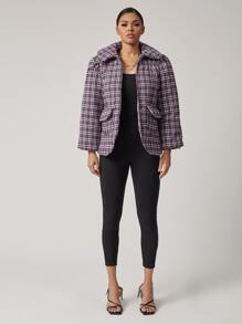 SHEIN 泡泡袖翻蓋口袋拉鏈門襟格紋外套