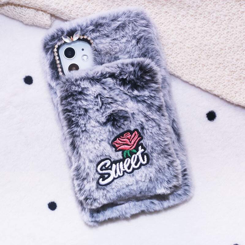 

Rose Pattern Fluffy iPhone Case, Grey