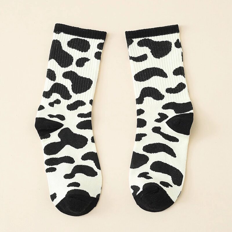 

1pair Cow Print Socks, Black and white