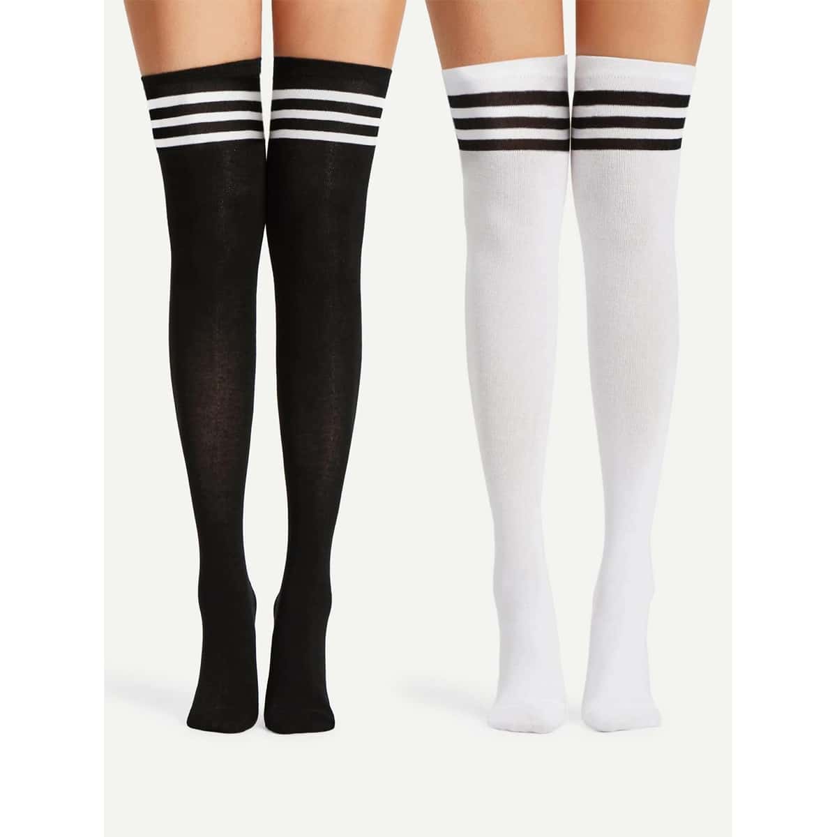 

2pairs Stripe Over-the-Knee Socks, Black and white