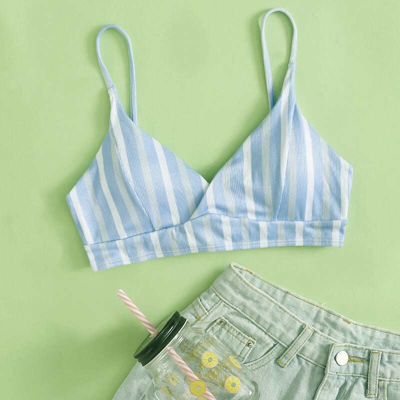 

Stripe Lace-up Bikini Top, Blue and white