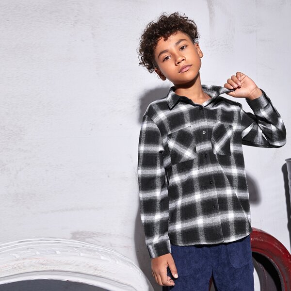 

Boys Collared Pocket Front Buttoned Plaid Shirt, Black and white
