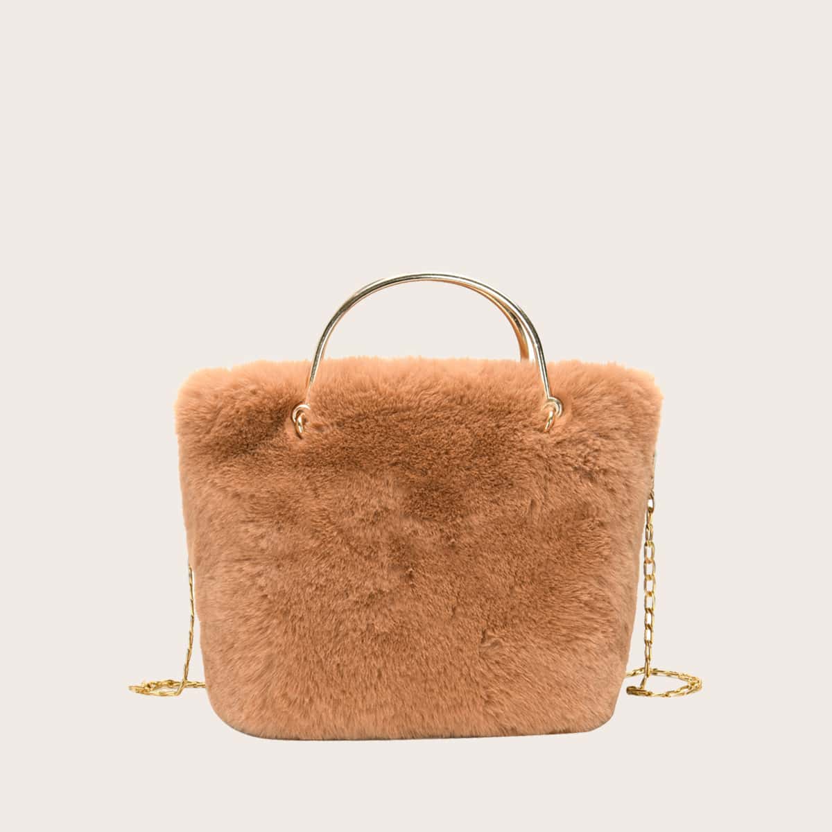 

Faux Fur Decor Chain Satchel Bag, Khaki