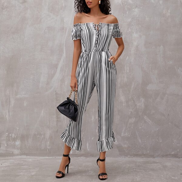 

Frill Trim Tie Neck Striped Ruffle Hem Jumpsuit, Black and white