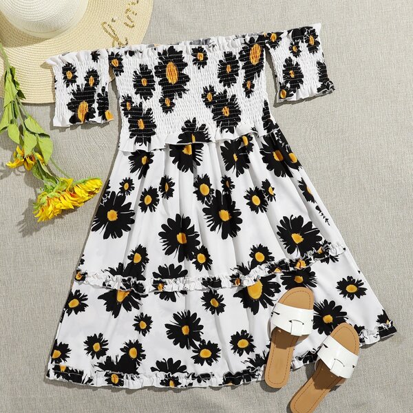 

Daisy Floral Frill Trim Shirred Bardot Dress, Black and white