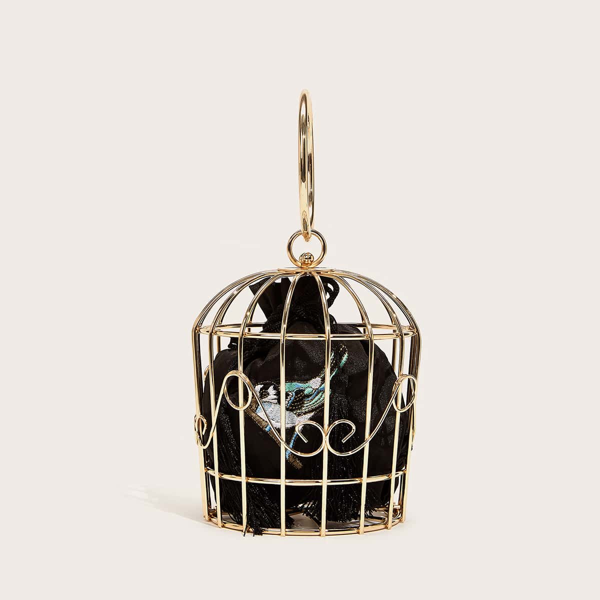 

Hollow Out Clutch Bag With Bird Embroidery Inner Pouch, Gold