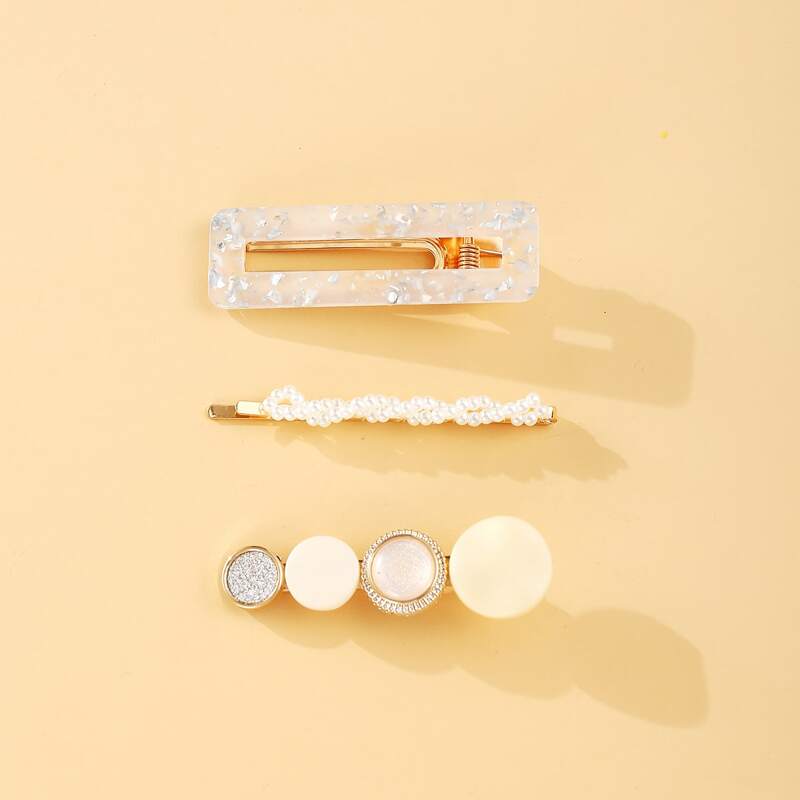 

3pcs Faux Pearl Glitter Hair Clip, Beige