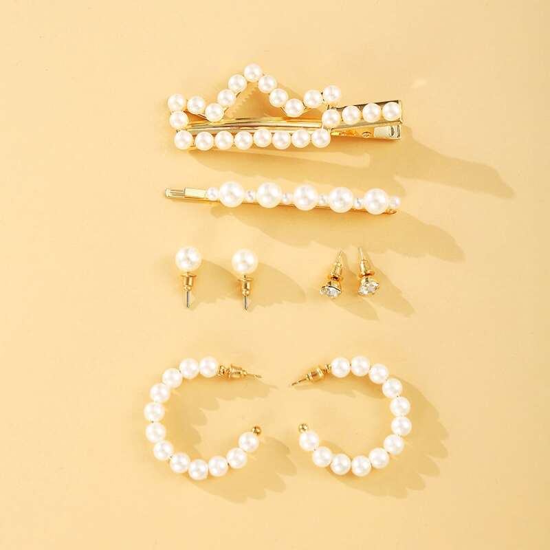 

8pcs Faux Pearl Hair Clip & Earrings, White