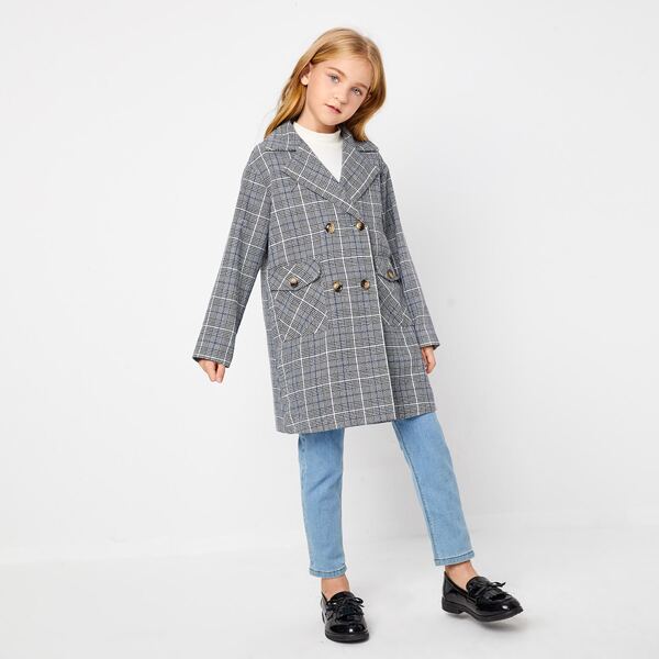 

Girls Notch Collar Flap Pocket Front Glen Plaid Coat, Grey