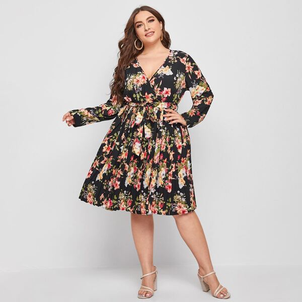 

Plus Surplice Front Allover Floral Belted Dress, Multicolor