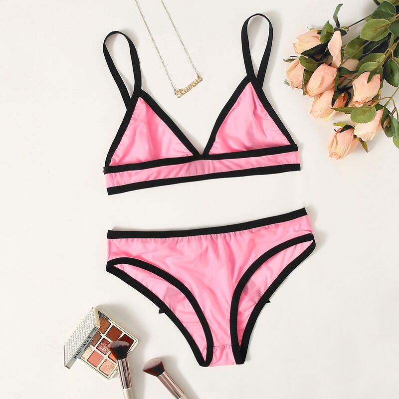 

Contrast Binding Triangle Lingerie Set, Pink
