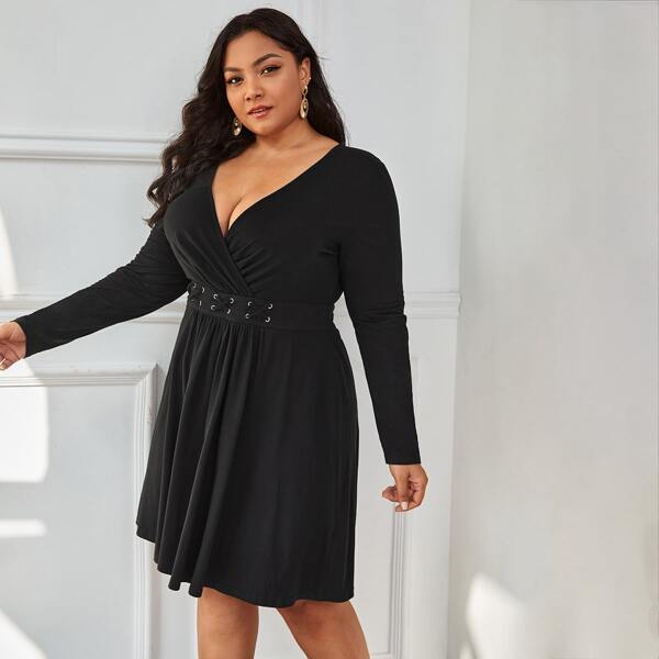 

Plus Surplice Front Criss Cross Detail Dress, Black