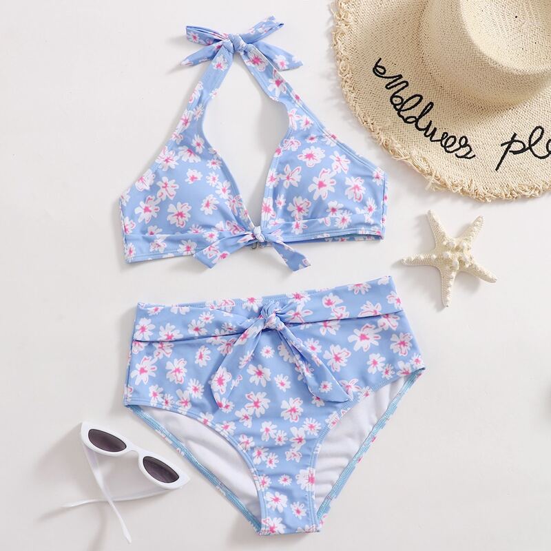 

Floral Knot High Waist Bikini Swimsuit, Multicolor