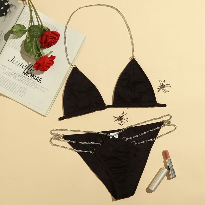 

Chain Linked Triangle Lingerie Set, Black