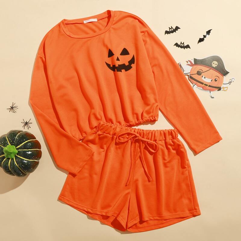 

Halloween Pumpkin Print Lounge Set, Orange