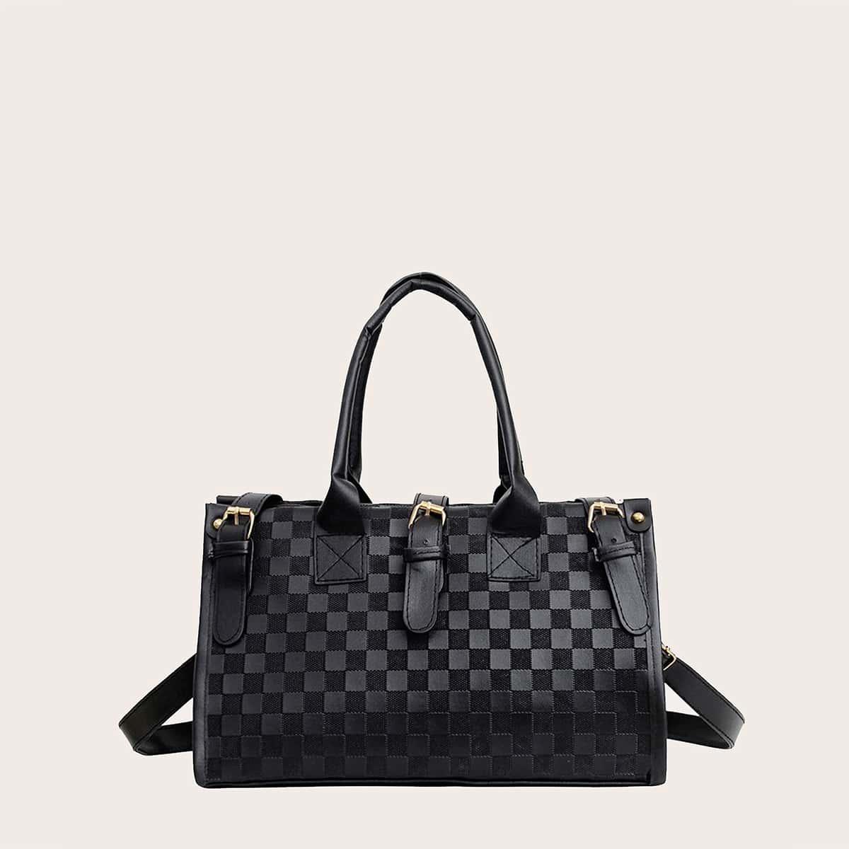 

Buckle Decor Top Handle Bag, Black
