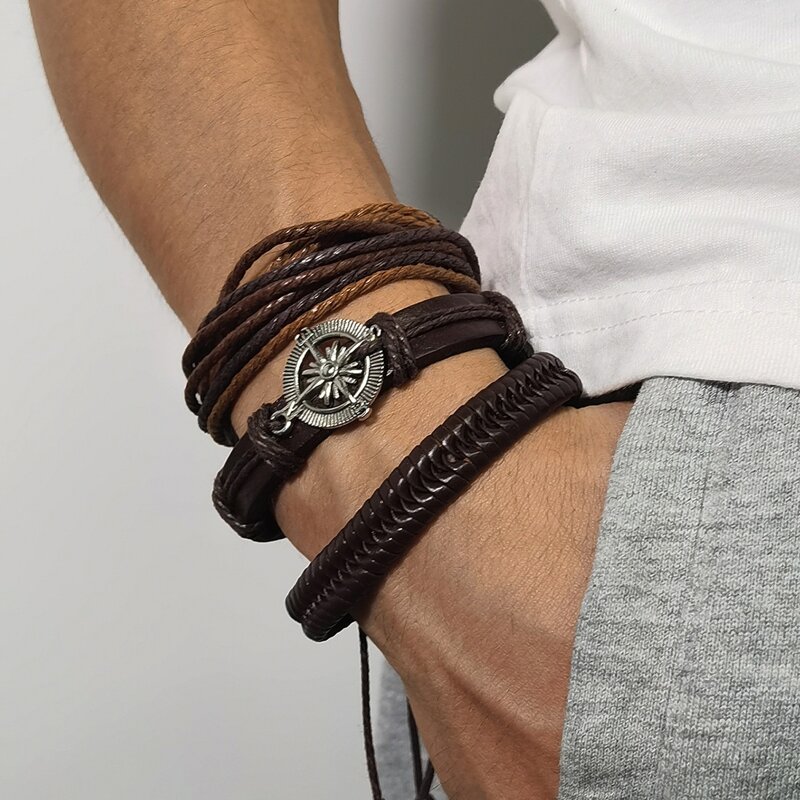 

3pcs Guys Braided Rope Bracelet, Brown