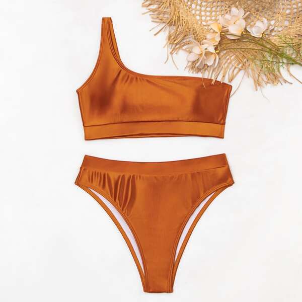 

Satin One Shoulder High Waisted Bikini Swimsuit, Brown