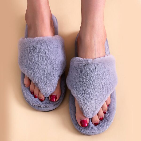 

Toe Post Fluffy Slippers, Grey