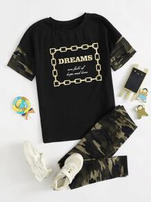 SHEIN 女孩標語圖案迷彩袖T恤和緊身褲套裝 - 彩色 - 查看 1