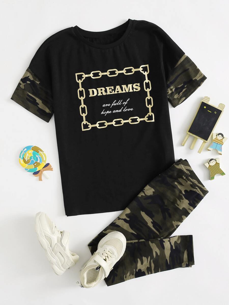 SHEIN 女孩標語圖案迷彩袖T恤和緊身褲套裝 - 彩色 - 查看 1