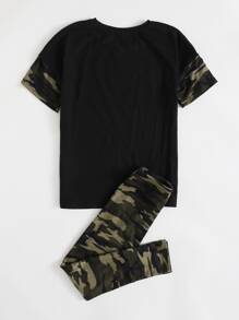 SHEIN 女孩標語圖案迷彩袖T恤和緊身褲套裝 - 彩色 - 查看 2