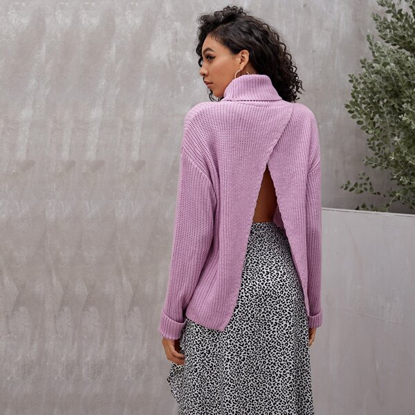 

Backless Drop Shoulder Turtleneck Sweater, Lilac purple
