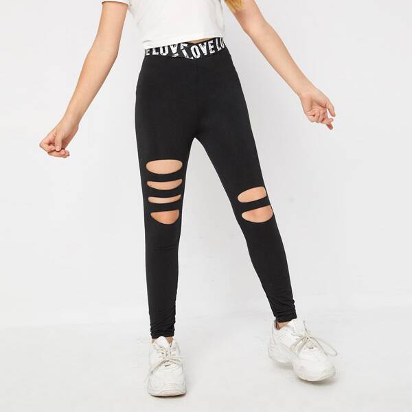 

Girls Letter Tape Overlap Waist Ripped Detail Leggings, Black