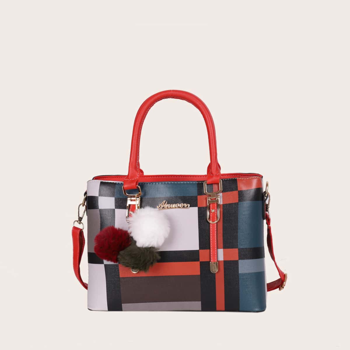 

Colorblock Satchel Bag With Pom Pom, Multicolor