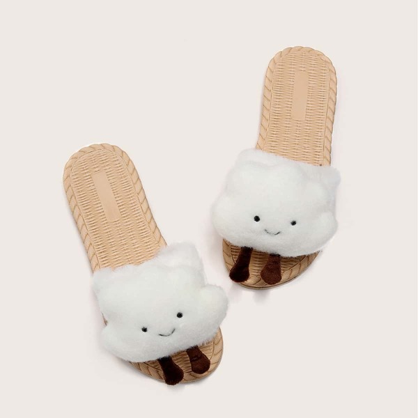 

Cartoon Decor Fluffy Slippers, White