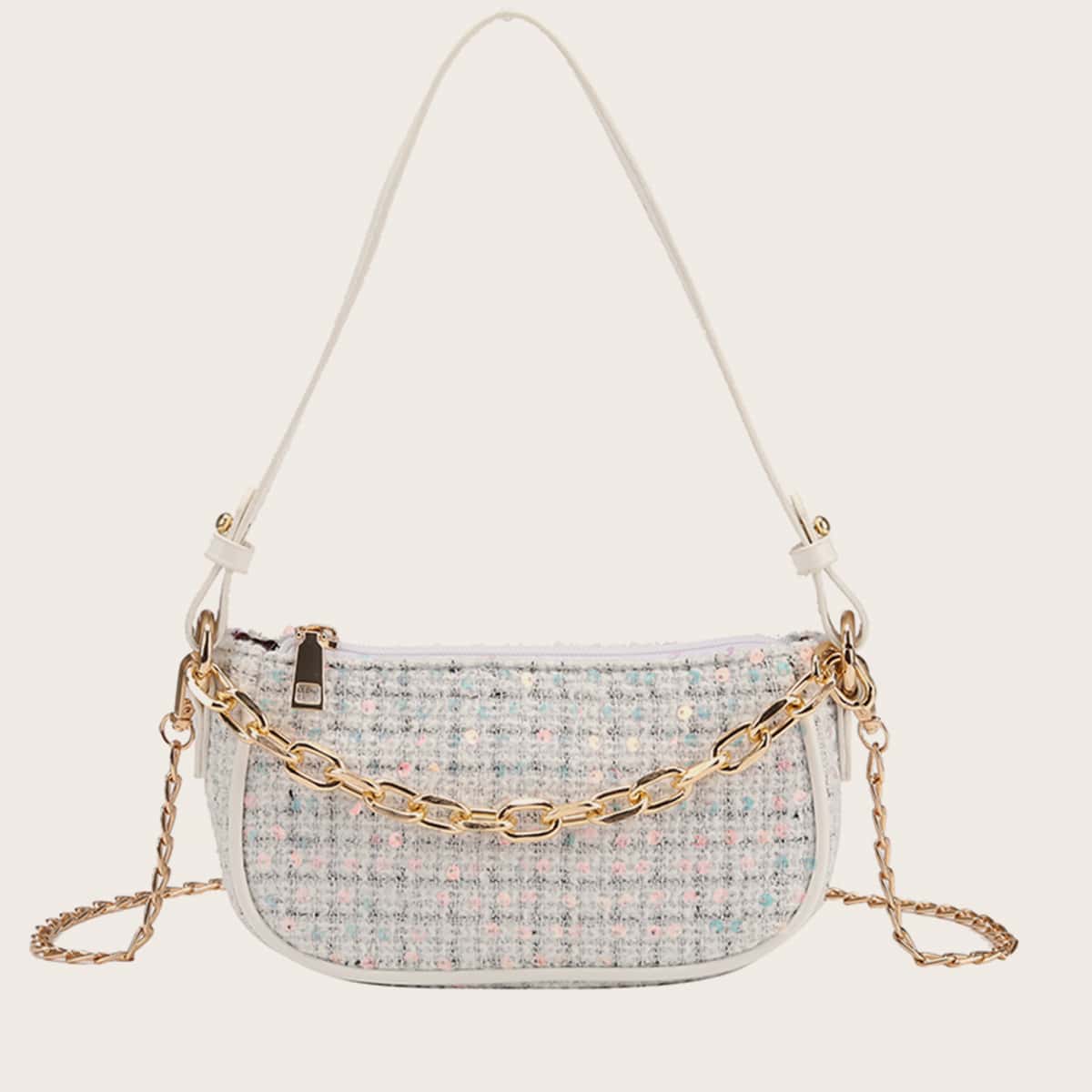 

Tweed Chain Baguette Bag, White