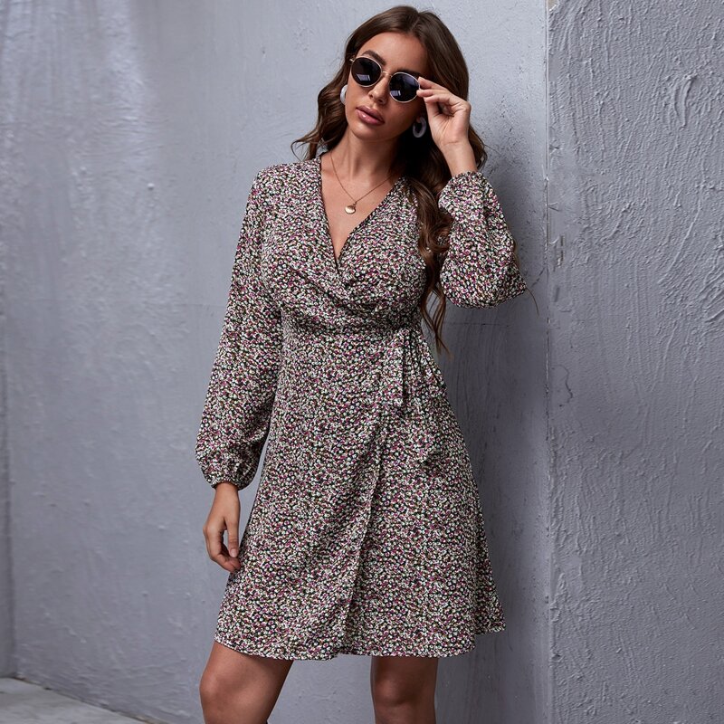 

Surplice Wrap Knot Side Ditsy Floral Dress, Multicolor