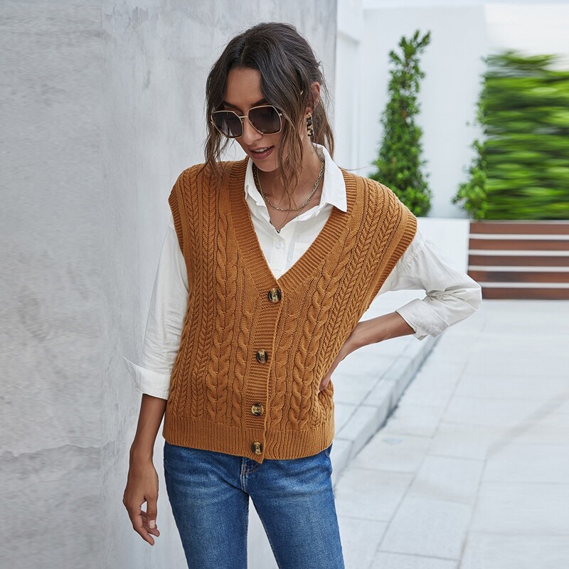 

V-neck Cable Knit Button Front Sweater Vest, Brown
